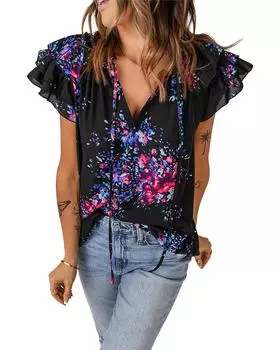 Azura Exchange Butterfly Sleeves Tie-dye Print Blouse S чёрный