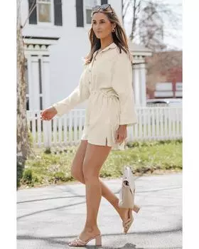 Azura Exchange Button Pockets Drawstring Waist Dress M бежевый