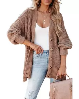 Azura Exchange Вязаный кардиган с застежкой на пуговицы и спущенным плечом S хаки