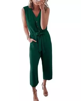 Azura Exchange Buttoned Sleeveless Cropped Jumpsuit with Sash XL зелёный