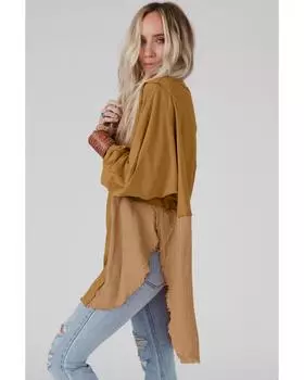 Azura Exchange Camel Crinkle Splicing Raw Hem High Low Oversized Blouse S верблюд