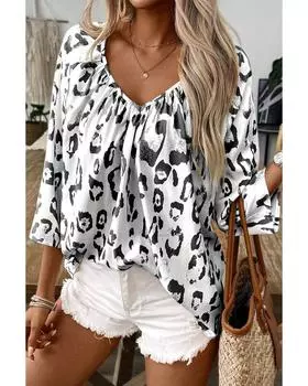 Azura Exchange Черная блузка с леопардовым принтом, V-образным вырезом и рукавами 3/4 L чёрный