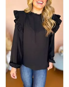 Azura Exchange Черная блузка с оборками на шее и рукавами-фонариками M чёрный
