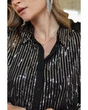 Azura Exchange Черная рубашка приталенного кроя с пайетками и кисточками на пуговицах S чёрный
