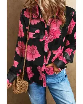 Azura Exchange Черная рубашка с цветочным принтом и плиссированными рукавами-фонариками M чёрный