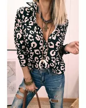 Azura Exchange Черная рубашка с леопардовым принтом на пуговицах и длинным рукавом L чёрный