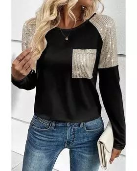 Azura Exchange Черный топ с накладными пайетками и нагрудным карманом с рукавами реглан S чёрный