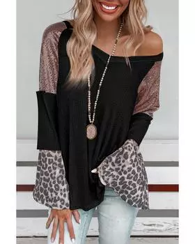 Azura Exchange Черный топ-туника с V-образным вырезом и рукавами-колокольчиками, украшенный пайетками в стиле пэчворк M чёрный