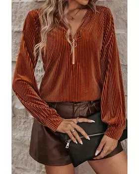 Azura Exchange Топ из бархата каштанового цвета с V-образным вырезом и застежкой-молнией на половину длины M каштановый