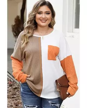 Azura Exchange Chestnut Plus Size Color Block Textured Patchwork Top with Pocket 2X каштановый