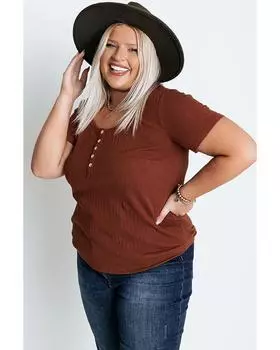 Azura Exchange Chestnut Plus Size Ribbed Knit Henley Tee 2X каштановый