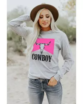 Azura Exchange Color Block Long Sleeve Top with Cowboy Steer Skull Print S серый