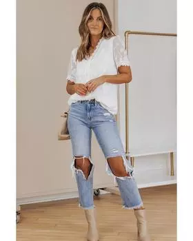 Azura Exchange Contrast V Neck T Shirt with Jacquard Lace Crochet S белый