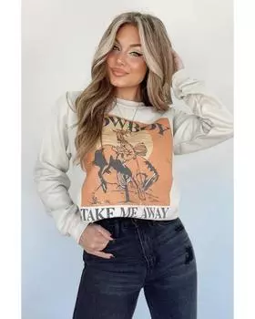 Azura Exchange Cowboy Take Me Away Graphic Print Pullover Sweatshirt S хаки