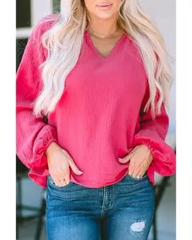 Azura Exchange Crinkle Puff Sleeve Blouse S ярко-розовый