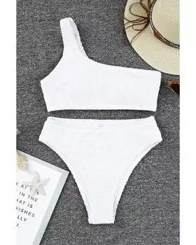 Azura Exchange Crinkle Textured Asymmetric One Shoulder Bikini Swimsuit M белый