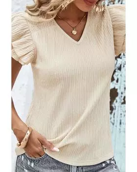 Azura Exchange Crinkle Textured V Neck Flutter Sleeve Top S абрикосовый