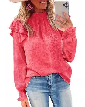 Azura Exchange Crinkled Textured Ruffled Puff Sleeve Blouse S ярко-розовый