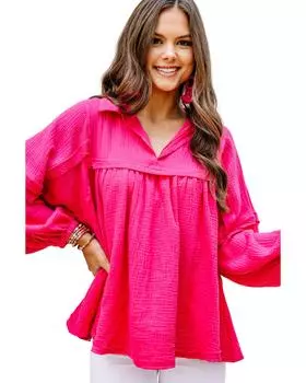 Azura Exchange Crinkled V-Neck Bubble Sleeve Blouse M ярко-розовый