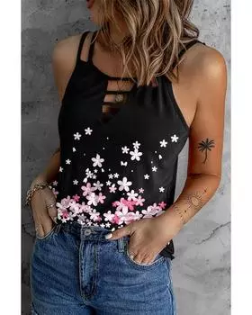 Azura Exchange Cut Out Floral Print Tank Top S чёрный