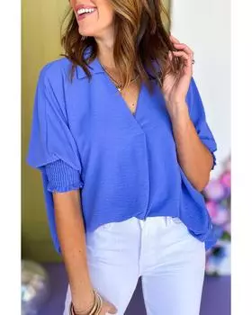 Azura Exchange Dark Blue Boxy Collared Smocked Sleeve Cuffs Blouse S темно-синий