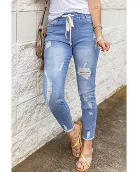 Azura Exchange Distressed Denim Drawstring Jeans S небесно-голубой