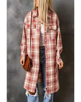 Azura Exchange Длинная кофта с клетчатым принтом и пуговицами M красный