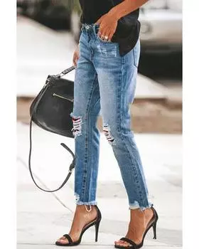 Azura Exchange Джинсы в клетку с рваным краем и потертостями S синий