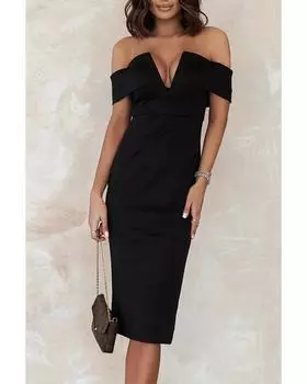 Azura Exchange Elegant Midi Dress with Off-the-Shoulder Design S чёрный