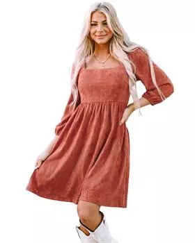 Azura Exchange Элегантное платье с квадратным вырезом и рукавами-фонариками M коричневый