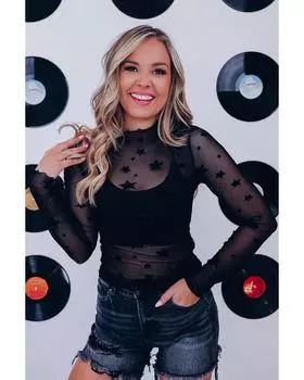 Azura Exchange Embellished Sheer Mesh Long Sleeve Top L чёрный