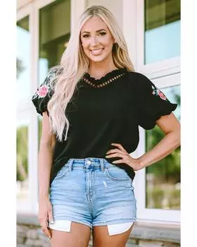 Azura Exchange Embroidered Bubble Sleeve Frill V Neck Top S чёрный