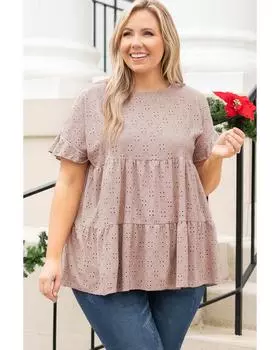 Azura Exchange Eyelet Pattern Ruffle Sleeve Babydoll Top 3X розовый