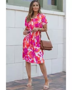 Azura Exchange Floral Bubble Sleeve Flare Dress S ярко-розовый