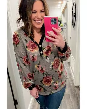 Azura Exchange Floral Long Sleeve Henley Top 1X серый