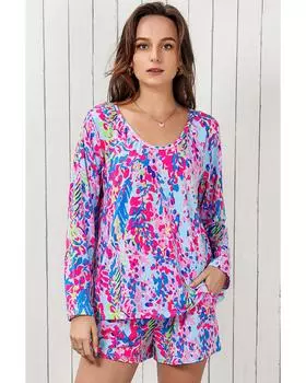 Azura Exchange Floral Long Sleeve Top and Drawstring Shorts Set L фиолетовый