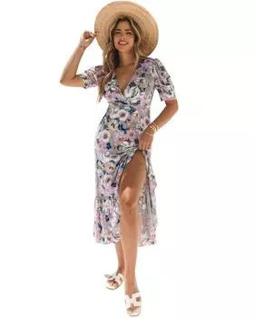 Azura Exchange Floral Print Puff Sleeve Ruffled Hem Dress M фиолетовый