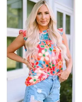 Azura Exchange Floral Print Ruffle Trim Tank Top L розовый
