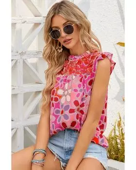 Azura Exchange Майка с цветочным принтом, вышитыми деталями и отделкой воланами S ярко-розовый