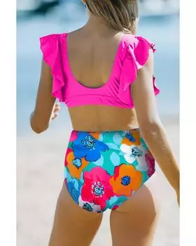 Azura Exchange Бикини с цветочным принтом и V-образным вырезом и оборками S ярко-розовый