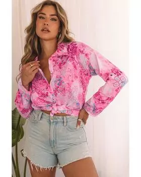 Azura Exchange Floral Roll-tab Sleeve Shirt M ярко-розовый