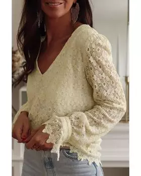Azura Exchange Floret Lace V Neck Long Sleeve Blouse M бежевый