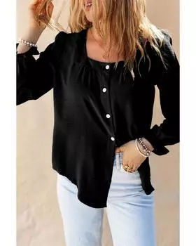 Azura Exchange Flounce Sleeve Square Neck Button-Up Shirt XL чёрный