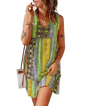 Azura Exchange Flounce V Neck Sleeveless Mini Dress with Floral Splicing XL зелёный