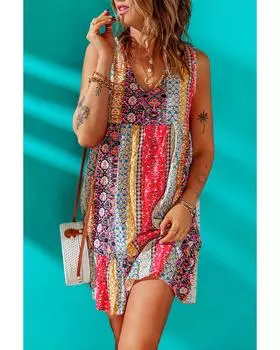 Azura Exchange Flounce V Neck Sleeveless Mini Dress with Floral Splicing S красный