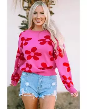 Azura Exchange Flower Knit Ribbed Trim Sweater XL ярко-розовый