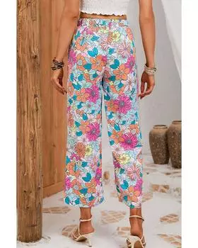 Azura Exchange Flower Print Pocketed Drawstring Waist Wide Leg Pants S разноцветный