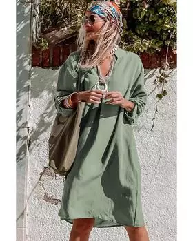 Azura Exchange Струящееся повседневное платье с отворотом на рукавах M зелёный