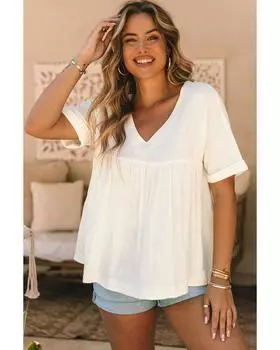 Azura Exchange Блузка с V-образным вырезом и оборками S белый