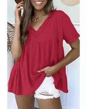 Azura Exchange Frayed V Neck Ruffled Blouse M красный